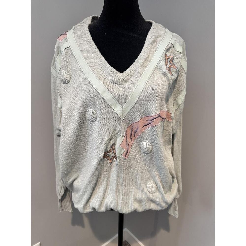Vintage Marc D'Alcy Sweater Womens P Gray Linen Silk V Neck 80s Abstract Knit